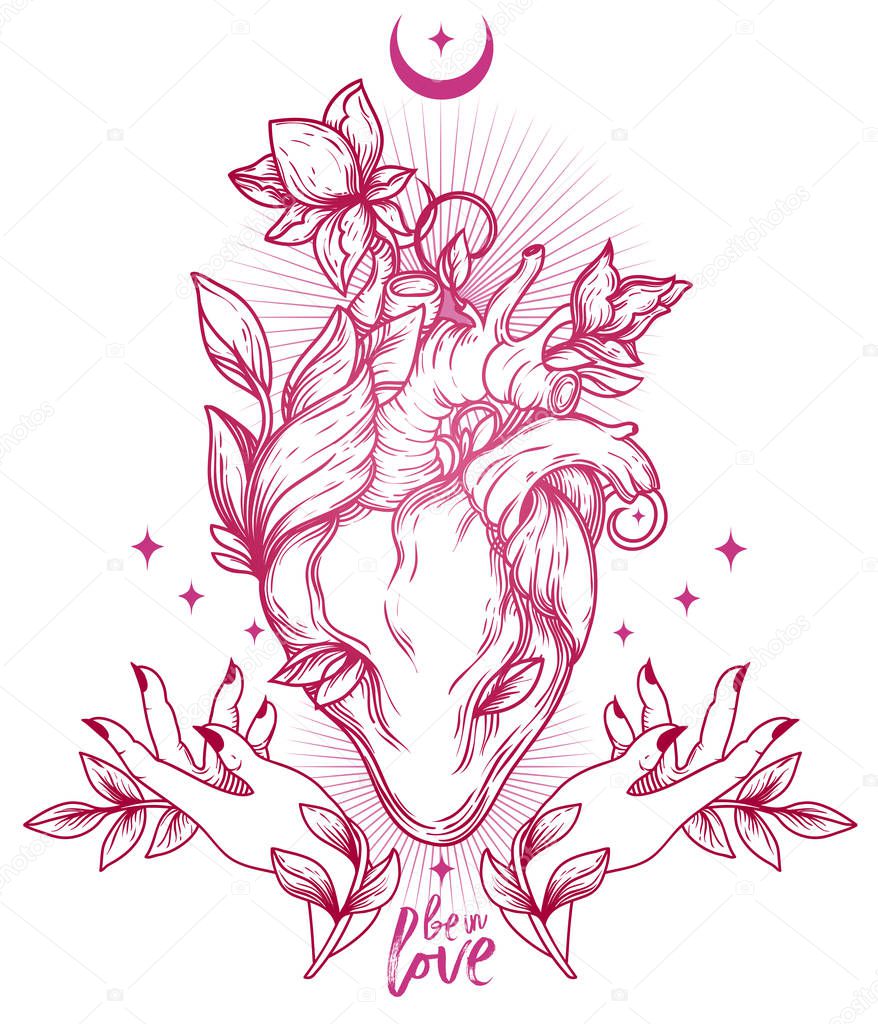 Poster with blooming heart and female hand, crescent and stars, sacral symbol of love, vector illustration