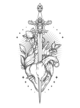 Poster with blooming heart with sword in it, sacral symbol of love and self-knowledge, vector illustration