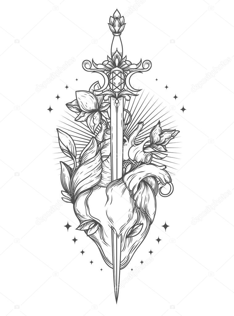 Poster with blooming heart with sword in it, sacral symbol of love and self-knowledge, vector illustration