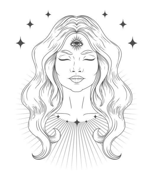 Плакат с духовной женщиной с третьим глазом, векторная иллюстрация
