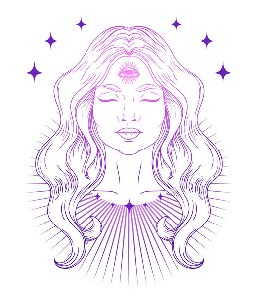 Плакат с духовной женщиной с третьим глазом, векторная иллюстрация
