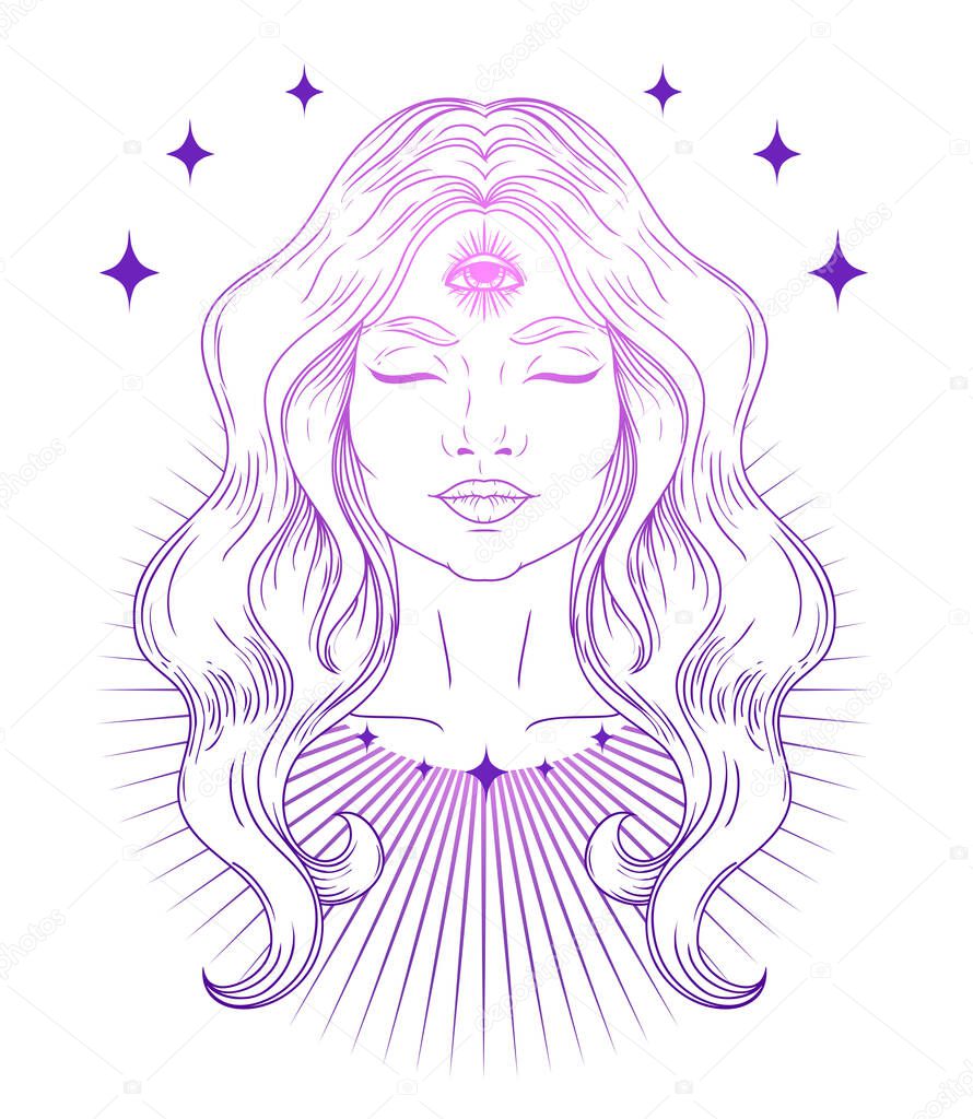 Poster with spiritual woman with third eye, vector illustration