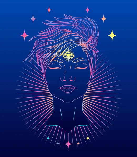 Poster Shining Young Woman Third Eye Night Vector Illustration — Stock Vector