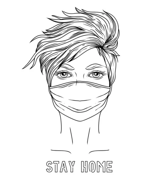 Poster Stay Home Con Giovane Donna Con Capelli Corti Maschera Illustrazione Stock