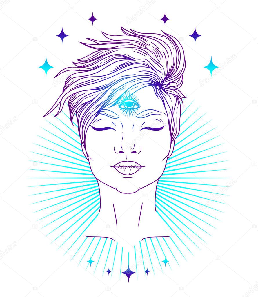 Poster with spiritual young woman with third eye, vector illustration