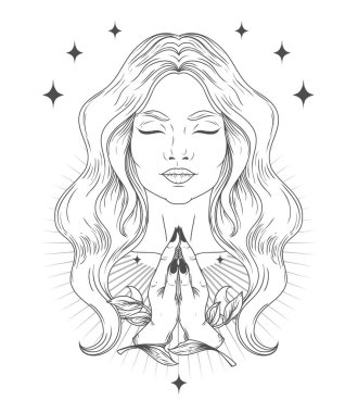 Ruhsal dua ya da meditasyon yapan kadın posteri, vektör illüstrasyonu