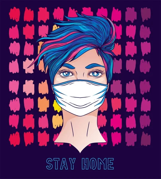 Poster Stay Home Con Giovane Donna Con Capelli Corti Blu Vettoriali Stock Royalty Free