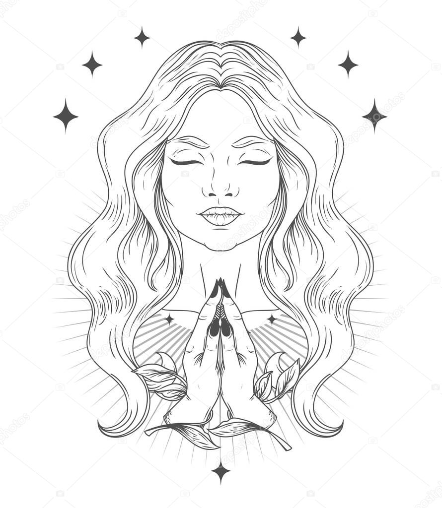 Poster with spiritual praying or meditating woman, vector illustration
