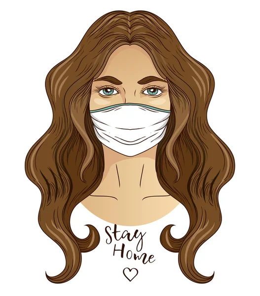 Cartaz Fique Casa Com Morena Máscara Medicina Ilustração Vetorial Gráficos De Vetores