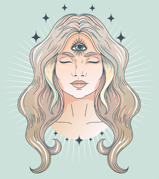 Плакат с медитативной женщиной с третьим глазом, может использоваться для медитации или женской сакральной практики, нежной пастельной палитры, векторной иллюстрации
