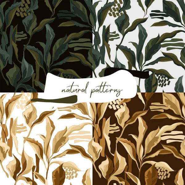 Set Seamless Patterns Elegant Creative Leaves Autumn Colors Vector Illustrations — Stock Vector