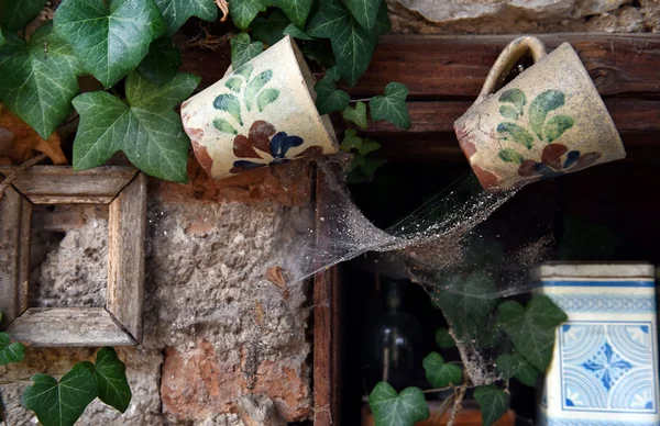 Vintage keramische kopjes hangen aan de muur — Stockfoto