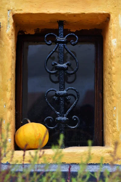 Rejilla de metal forjado ornamental en una ventana del sótano — Foto de Stock