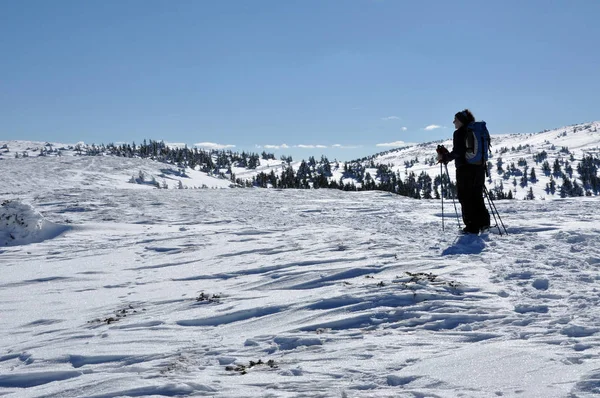 Mulher fazendo trekking inverno nas montanhas — Fotografia de Stock