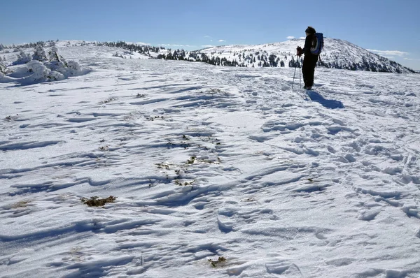 Kvinnan gör vintern vandring i bergen — Stockfoto