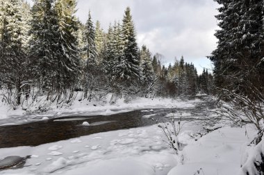 Küçük bir karlı nehir kış manzara 