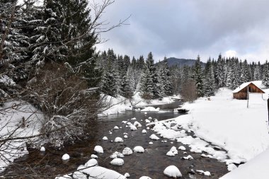 Küçük bir karlı nehir kış manzara 