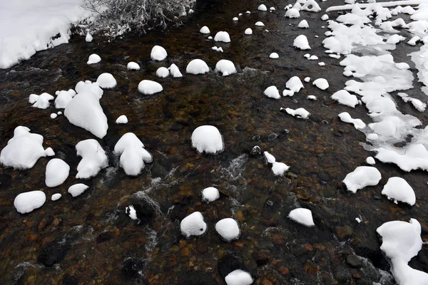 Beyaz karla kaplı ağaçlar ve kayalar ile küçük nehir — Stok fotoğraf