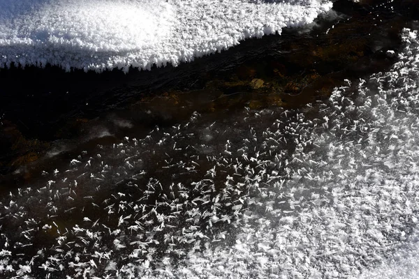 Cristales de hielo congelados entre un pequeño río — Foto de Stock