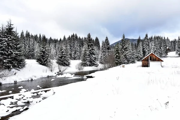 Chalé de madeira da montanha coberto com neve fresca — Fotografia de Stock