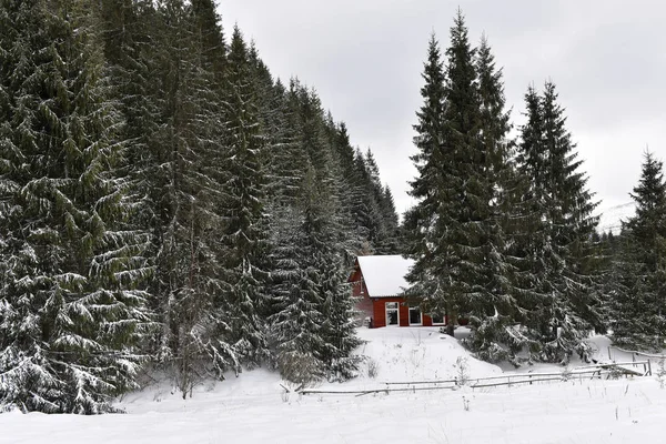 Зимний пейзаж с небольшой деревянной хижиной — стоковое фото
