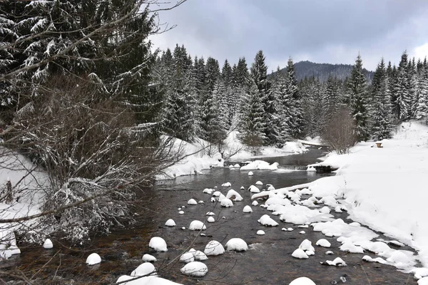 小さな雪に覆われた川の冬景色 — ストック写真
