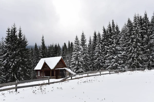 Drewniane schronisko górskie pokryte puszystym śniegu — Zdjęcie stockowe