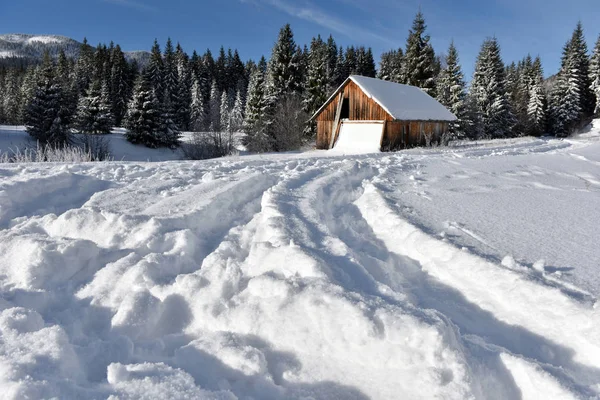 Maison alpine couverte de neige dans les montagnes — Photo