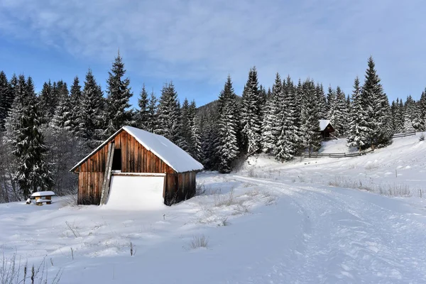 Chalet de madera de montaña cubierto de nieve fresca — Foto de Stock