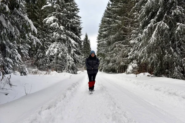 Donna che cammina da sola nella foresta invernale — Foto Stock