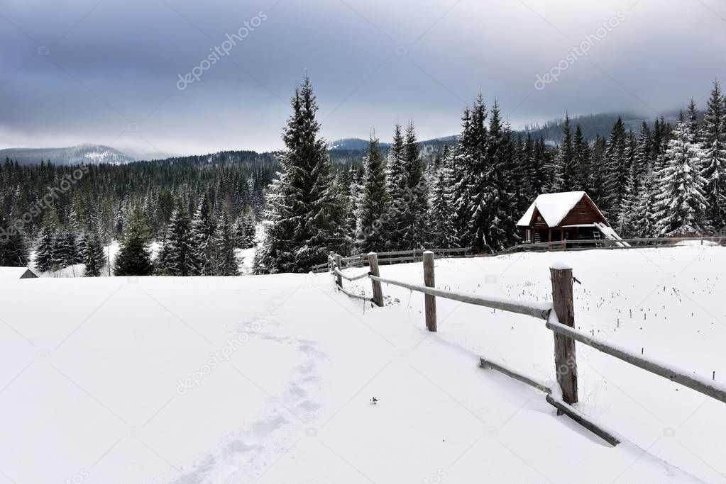 Alpine house covered with snow in the mountains