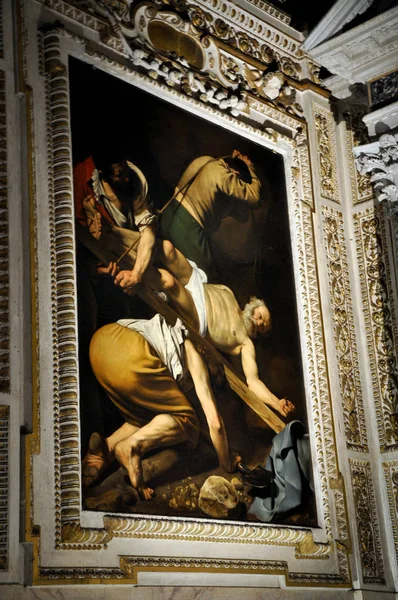 Caravaggio and Carracci paintings in Cerasi Chapel. Basilica of — Stock Photo, Image