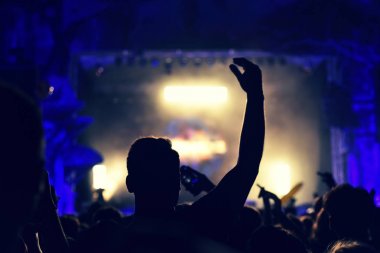 Yükseltilmiş silah ile bir konser sırasında sallanan kalabalık.