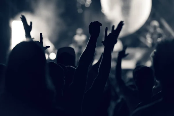 Publiken på musik konsert, publiken höjer händerna upp, tonas — Stockfoto