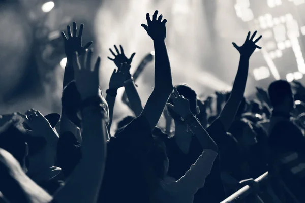 Multitud en un concierto de música, audiencia levantando las manos, tonificado — Foto de Stock