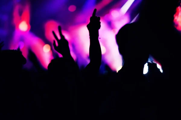 Multitud rockeando durante un concierto con los brazos levantados . — Foto de Stock