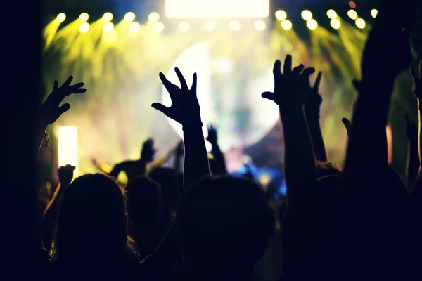 Multitud rockeando durante un concierto con los brazos levantados . — Foto de Stock