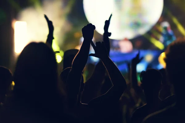 Толпа качается во время концерта с поднятыми руками . — стоковое фото