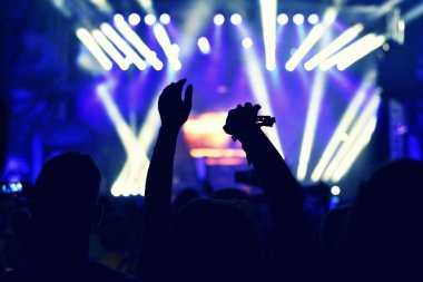 Yükseltilmiş silah ile bir konser sırasında sallanan kalabalık.