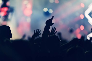Yükseltilmiş silah ile bir konser sırasında sallanan kalabalık.