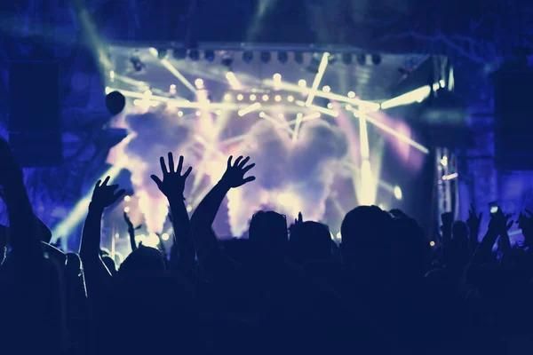 Толпа с протянутыми на концерте руками — стоковое фото