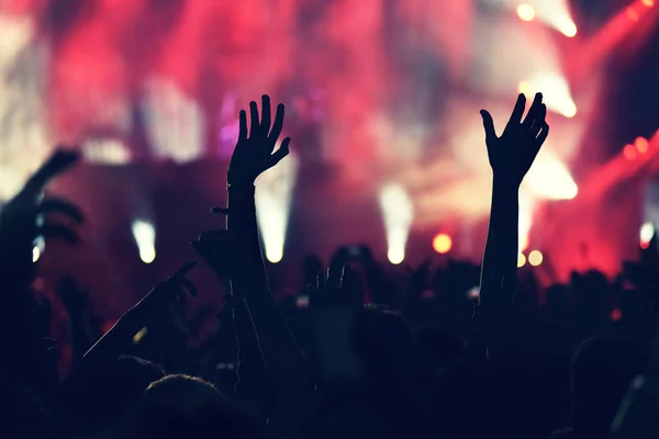 Multitud rockeando durante un concierto con los brazos levantados . — Foto de Stock