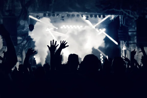 Multitud en un concierto de música, audiencia levantando las manos, tonificado — Foto de Stock