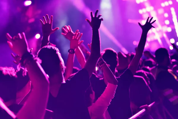 Crowd rocking during a concert with raised arms. — Stock Photo, Image