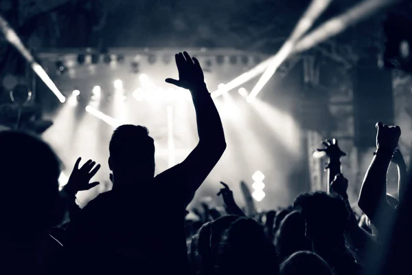 Multitud en un concierto de música, audiencia levantando las manos, tonificado — Foto de Stock