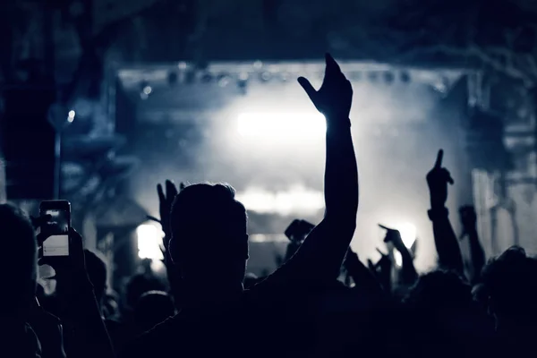 Multitud en un concierto de música, audiencia levantando las manos, tonificado — Foto de Stock