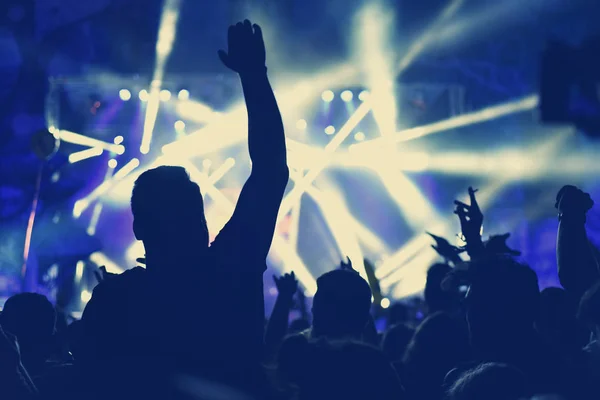 Multidão com os braços estendidos no concerto — Fotografia de Stock
