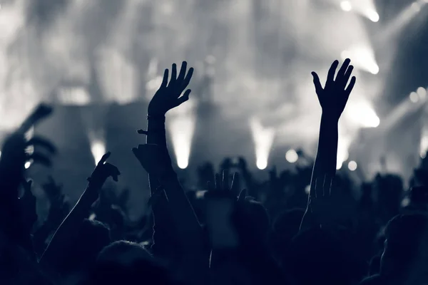 Tłum na koncercie muzyki, publiczność podniesienie rąk, stonowanych — Zdjęcie stockowe