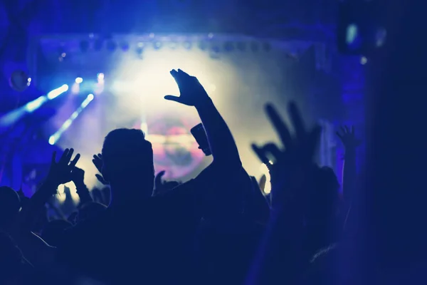 Multidão com os braços estendidos no concerto — Fotografia de Stock