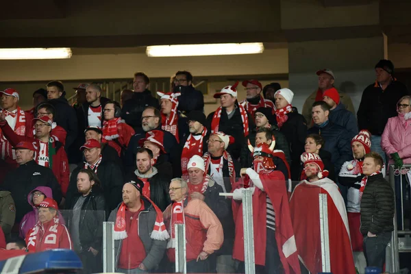 Fanáticos del fútbol de Dinamarca celebrando en tribuna durante un — Foto de Stock